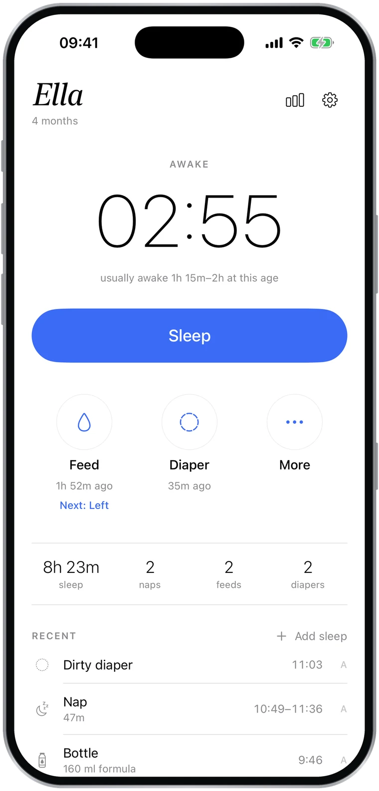 Slumbo home: Ella is awake, with one big blue Sleep button.