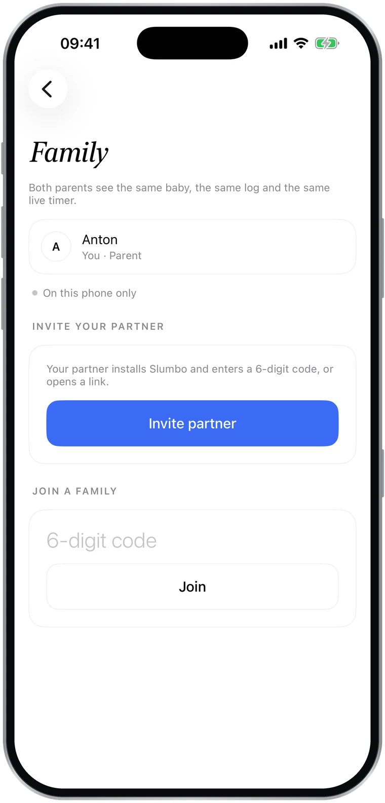 The family screen with an Invite partner card.