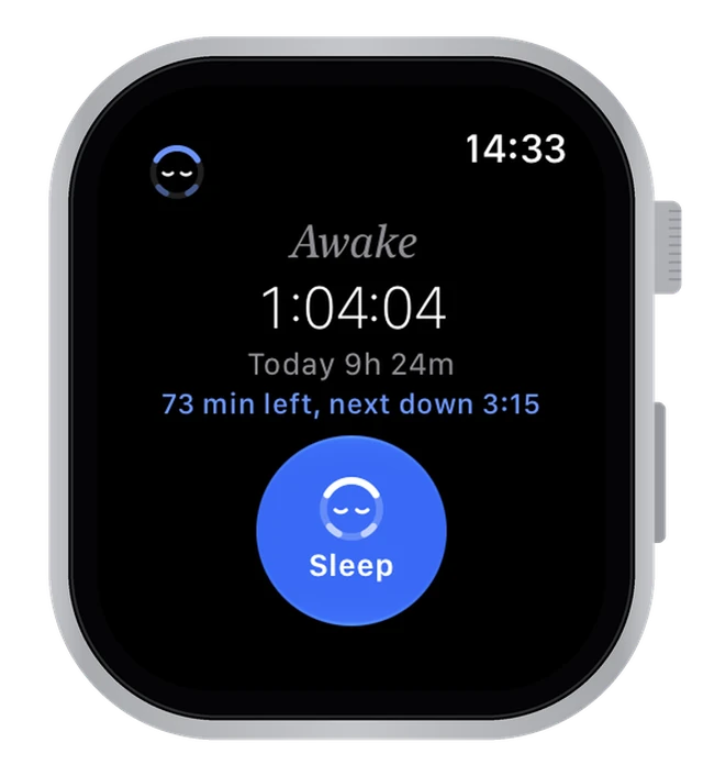 Slumbo on Apple Watch while Ella is awake, with a big blue Sleep button.